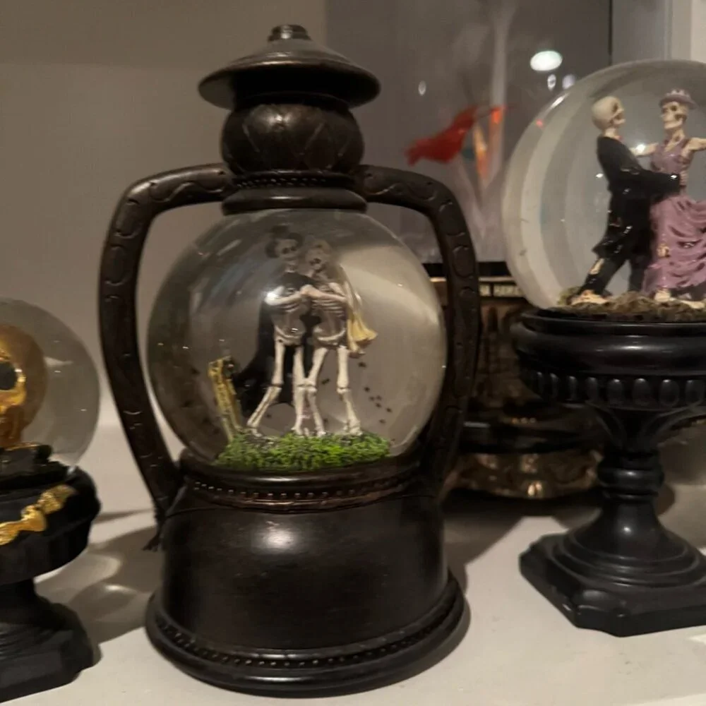 3 set Skeleton Snow Globe with Black Base different scenes dancing love skulls